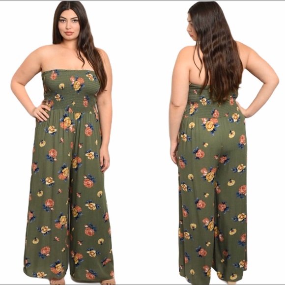 Pants - Plus Size Olive Green Floral Print Jumpsuit Romper